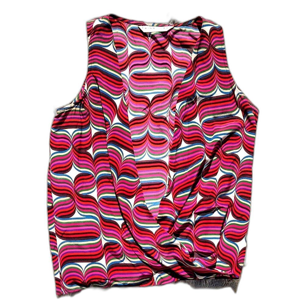 TRINA TURK "Rico" Open Front 70s Abstract Swirl Multi Color Draped Top, Sz M